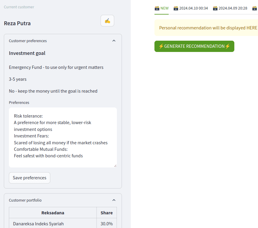 ReksadanaAi ProSales interface: customer preferences, portfolio and a one-click AI recommendation